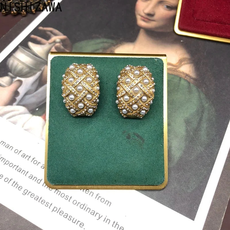 NISHIZAWA Pearls Stud Earrings for Women Inlaid Rhinestones Palace Style Elegant Jewelry Geometric Hyperbole Aretes De Mujer