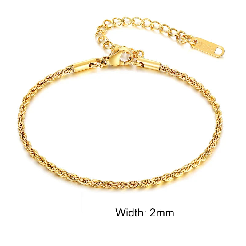 Vnox Unisex Rope Chain Bracelets for Men Women, Stainless Steel Twisted Links Chain Bracelet,Simple Classic Jewelry Gift for Him