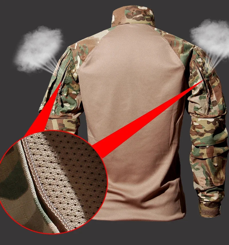 Autumn Tactical Sets Men Outdoor Breathable Short Sleeve Tshirt+Waterproof Straight Pant 2 Pcs Suits Camo Multi-pocket Cargo Set