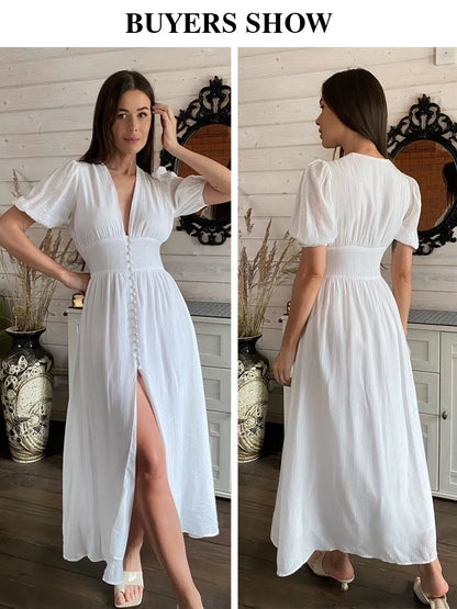Clacive White Sexy Single-Breasted Women'S Dress 2022 Elegant Short Sleeve V-Neck Party Dresses Lady Casual Slim Midi Dress