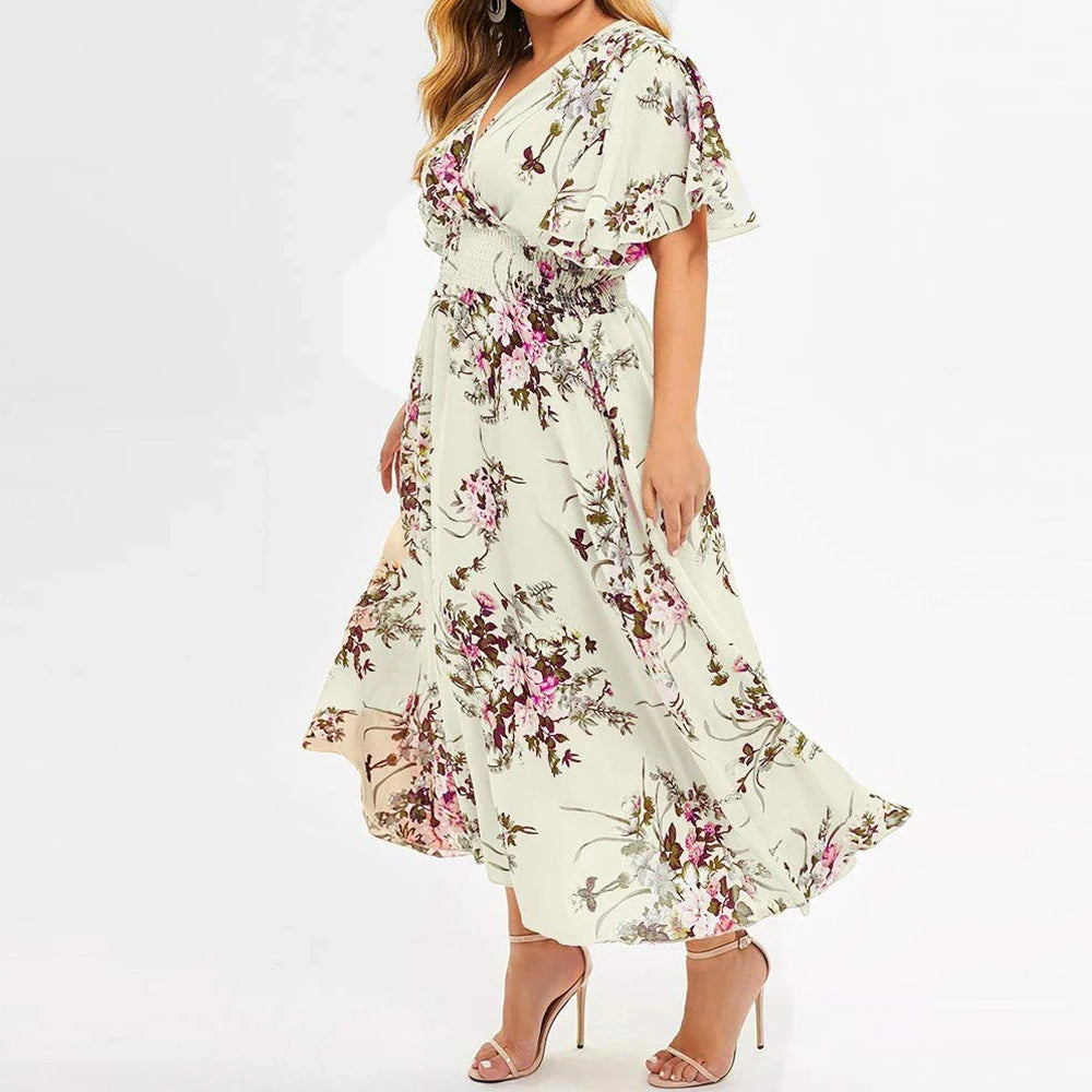 Summer New Sexy V-Neck Women's Beach Dress Plus Size Loose Fashion Floral Printed Butterfly Sleeve Midi Dress Lady Wedding Dress
