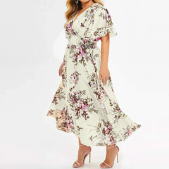 V-Neck Women's Beach Dress Plus Size Loose Fashion Floral Printed Butterfly