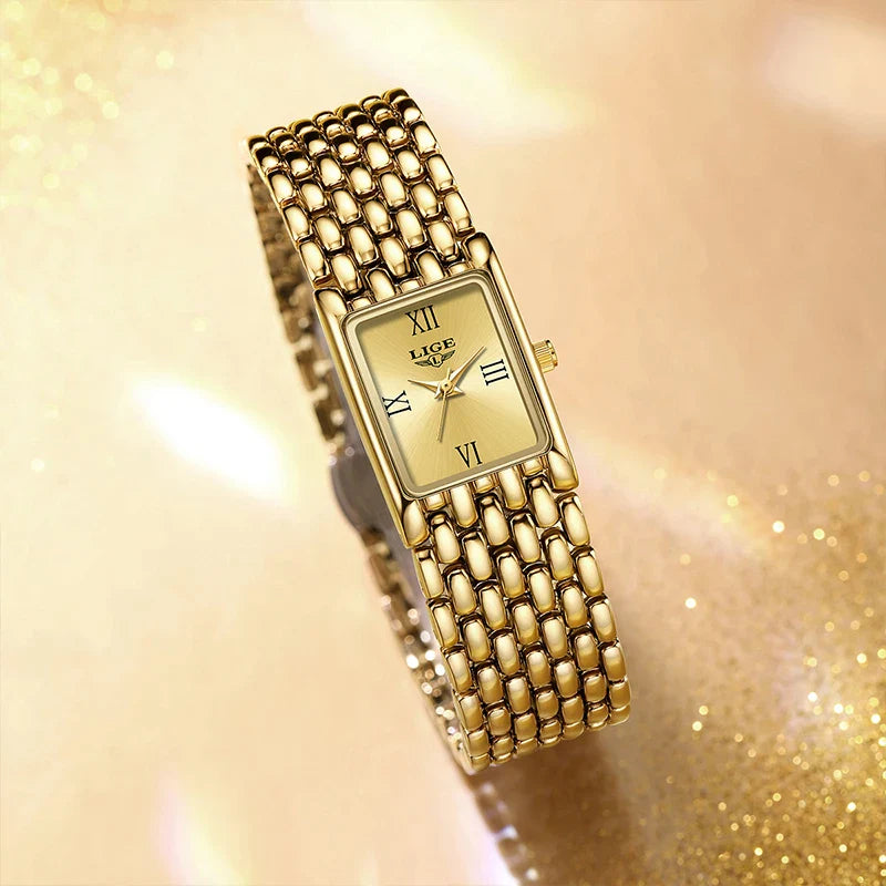 LIGE 2025 Fashion New Gold Women's Watch Luxury Quartz Watch Stainless Steel Bracelet Retro 30M Waterproof Watches Women reloj