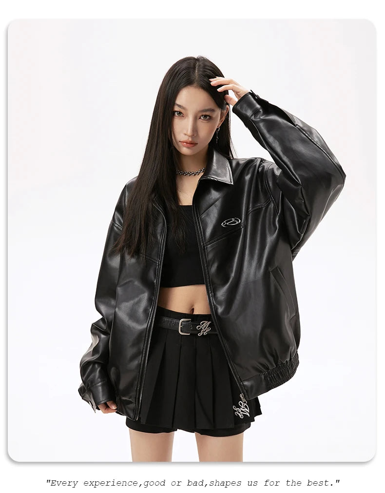 Metal Printed Black PU Leather Jacket for Men and Women, Trendy Brand