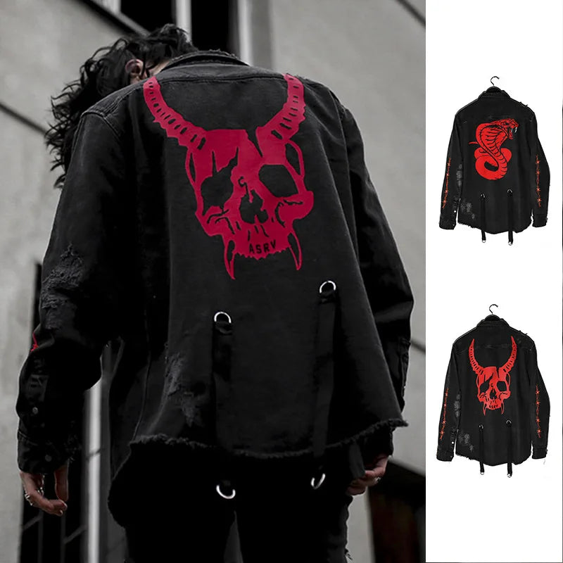 Men's Tide Punk Spring And Autumn New Print Jackets Loose Size Skull Denim Coat