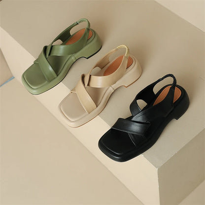 Meotina Women Genuine Leather Sandals Square Toe Platform Block Mid Heels Ladies Fashion Casual Shoes Summer Green Apricot 40