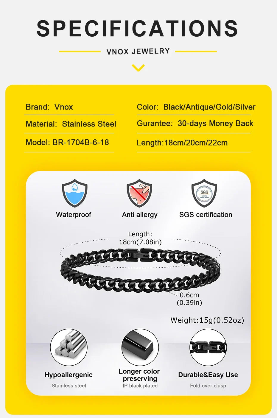 Vnox 18cm/20cm/22cm Stainless Steel Bold Cuban Bracelets for Men Women,6mm/8mm/10mm/12mm Width Miami Curb Links Wristband Gift