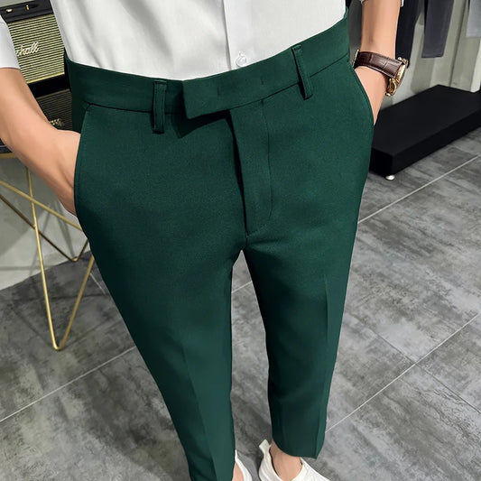 Fashion Mens Dark Green Suit Pants Pure Color Business Occupation Slim Fit Dress