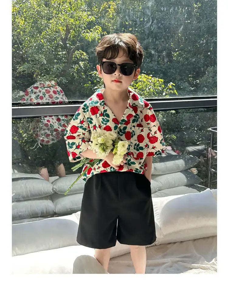 2-11T Kids Boys Clothes Floral Pattern Boy Cotton Blouse Shirt + Short 2pcs Outfits Boy Summer Party Birthday Handsome Clothing