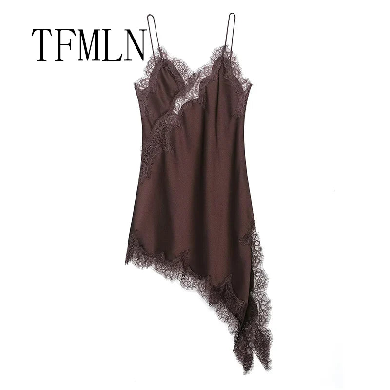 Women Sexy Irregular Lace Dress Fashion V Neck Hem Suspender Long Dresses 2025 New Fashion Party Vestidos