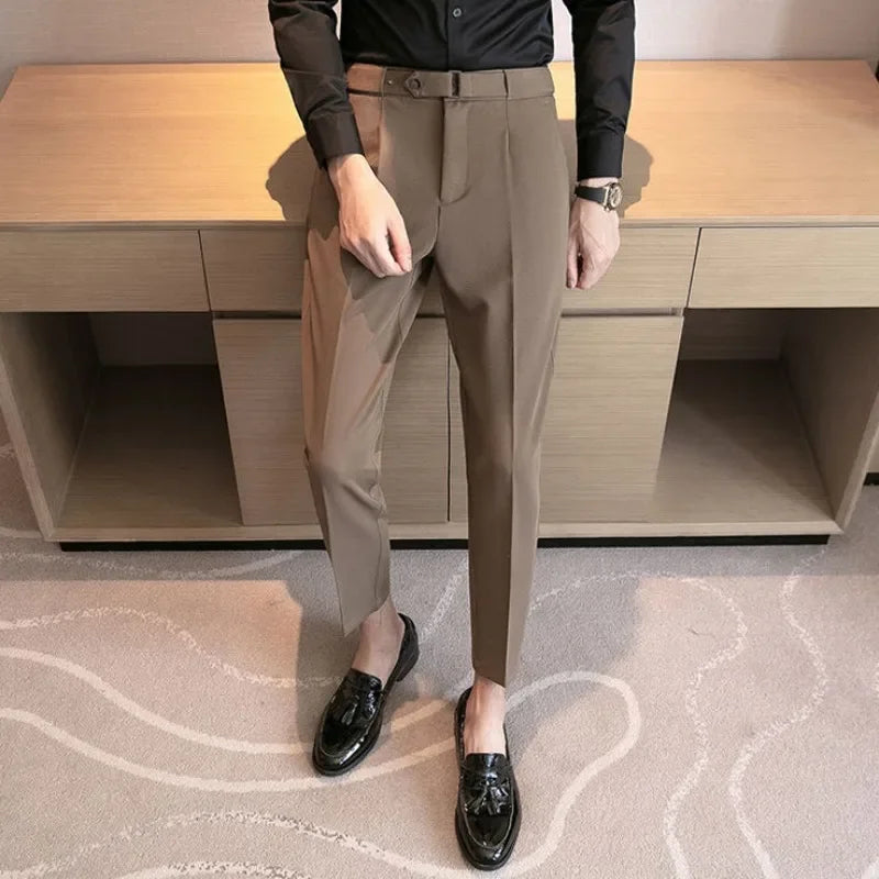 Men's Pants Slim Fit 9 Cropped Business Straight Elastic Social Tailoring Male Suit Trousers