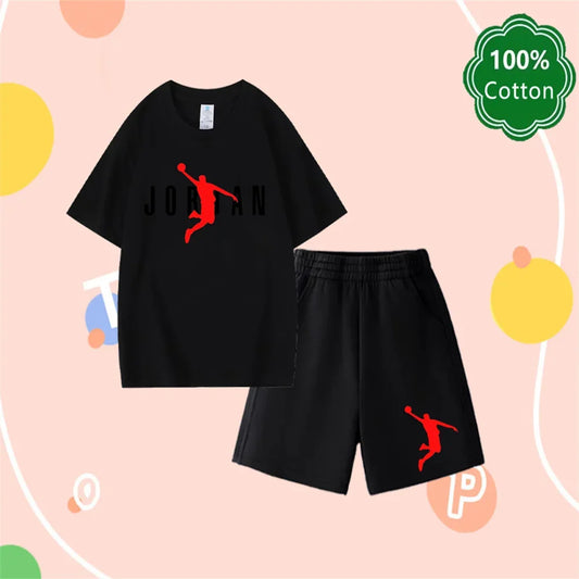 Summer New 3-14 Years Old Top Design Classic Set 100% Cotton Jordan Print T-shirt Casual Shorts Harajuku Boys/girls Gift