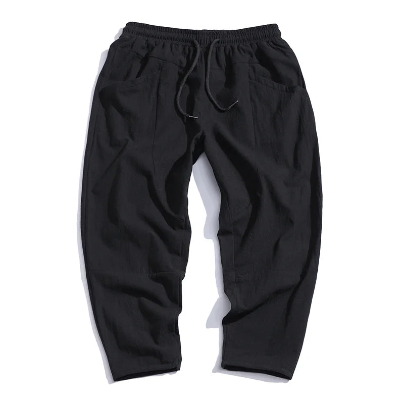 100% Cotton Summer Casual Pants Man Trendy Japanese Cropped Pants Loose Pants