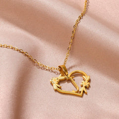 Gold Color Dainty Flower Initials Necklace Women Girl Stainless Steel Heart Letter