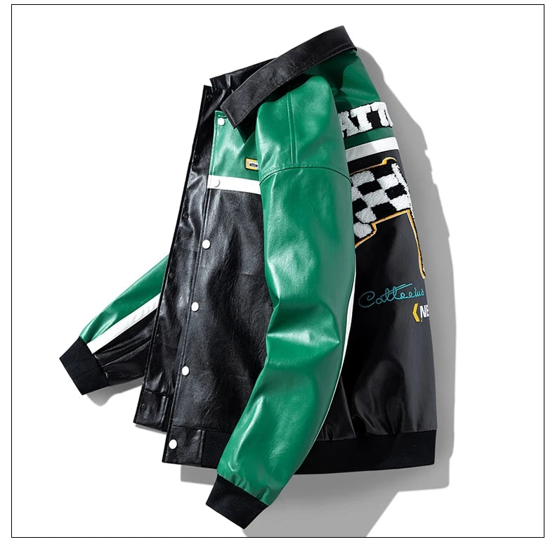 Unisex Embroidery Varsity Leather Jacket Harajuku Patchwork Streetwear Men Vintage