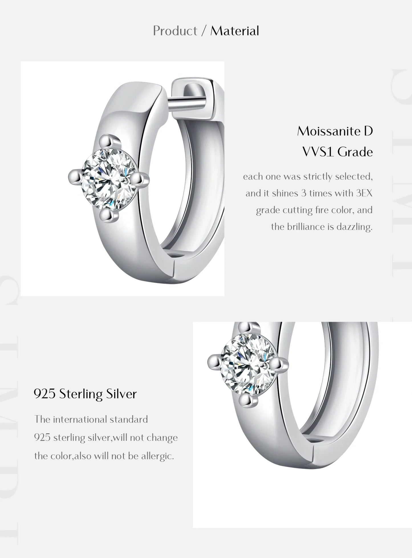 MODIAN Round Moissanite Ear Buckles Lab Diamond 925 Sterling Silver Engagement & Wedding Hoop Earrings for Women Jewelry Gifts