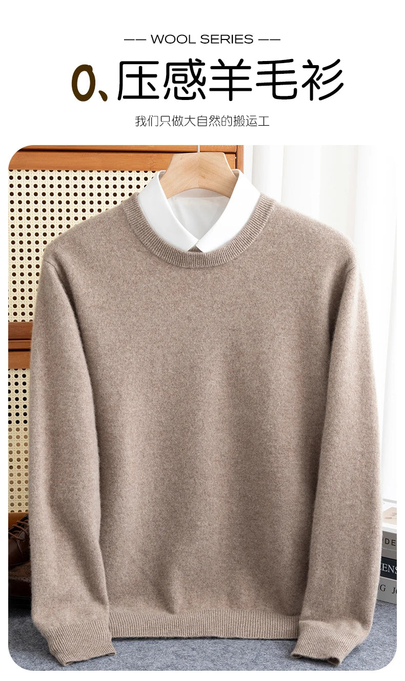Pure Wool Sweater Men's Autumn Winter O-Neck Pullovers Business Casual