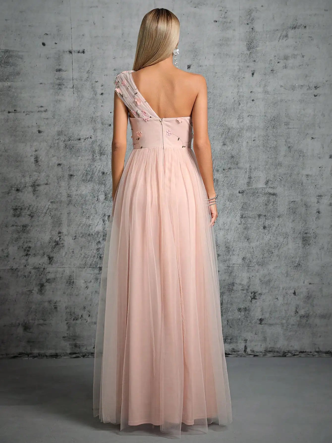 Homecoming Dresses: One shoulder pleated embroidery slit A set of gauze evening