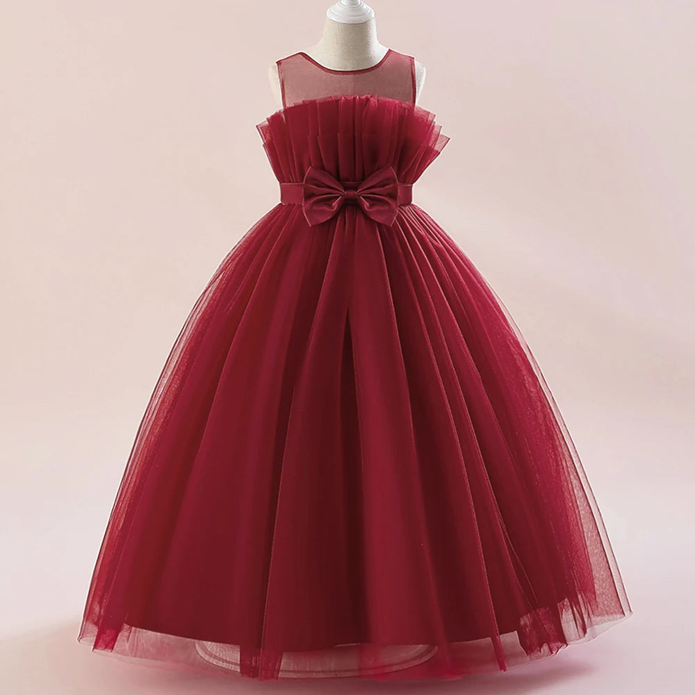 Summer Tulle Bridesmaids Pink Party Dresses for Girls Elegant Bow Princess Wedding Girls Dress First Communion Wedding Prom Gown