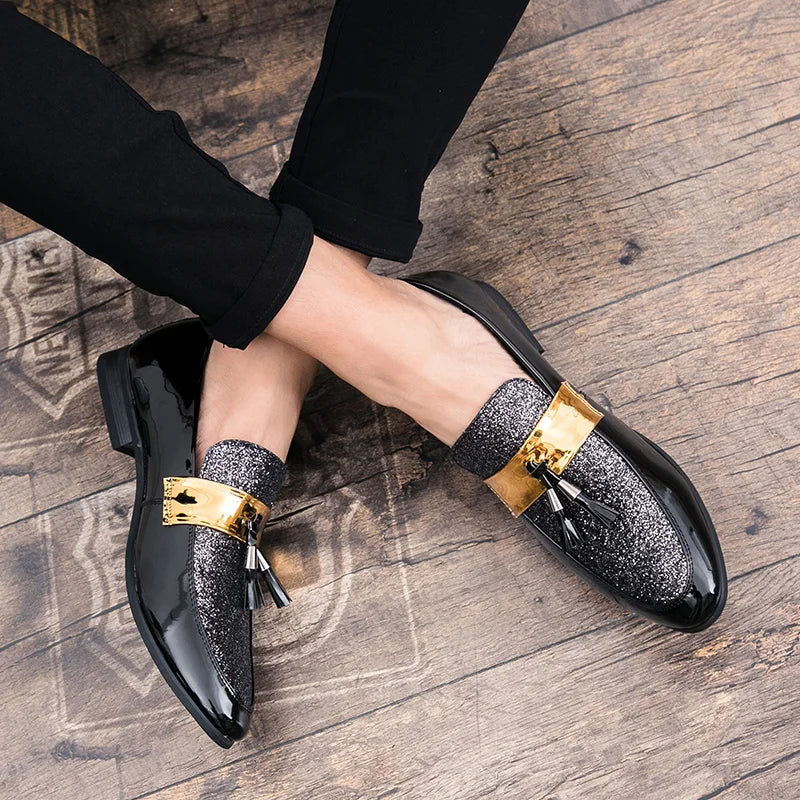 Men Party Flats Black Golden Formal Patchwork Tassel Leather Casuals Shoe Handmade Wedding Men Loafers Moccasins Dress Shoes