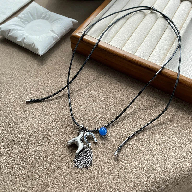 Minar Funny Metallic Cartoon Horse Multi Tassel Beads Pendant Necklaces for Women Female Adjustable Long Wax Rope Chain Chokers