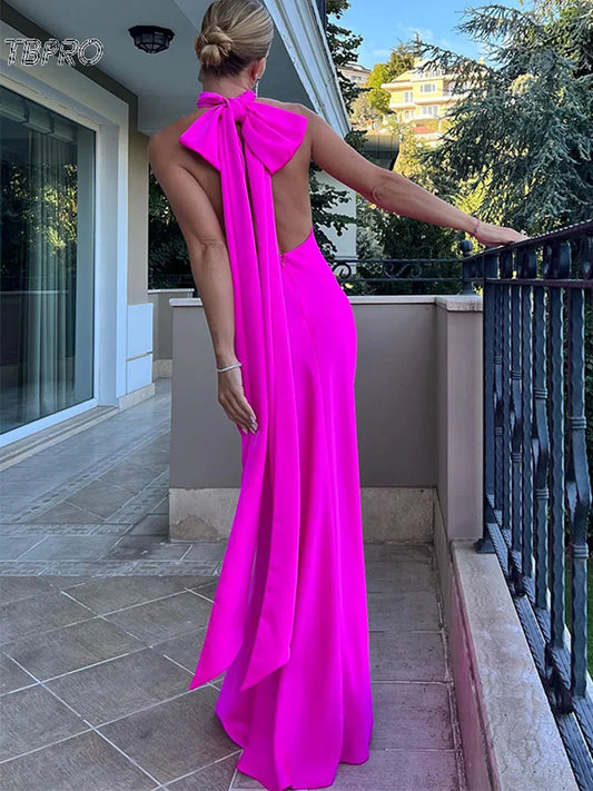 Elegant Bow Lace-up Maxi Dress For Women Backless Off Shoulder Sleeveless Gown