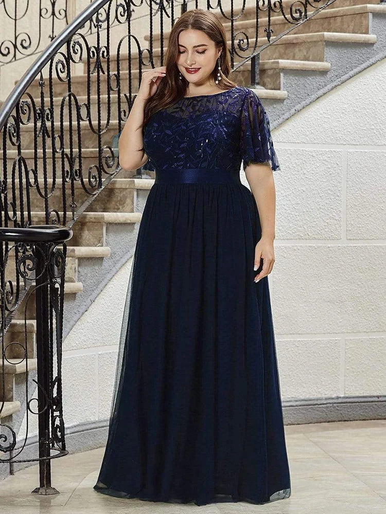 5XL 6XL Women Plus Size Elegant Evening Party Long Dresses 2023 New Summer Luxury Mesh Sequin Embroidery Formal Wedding Clothing