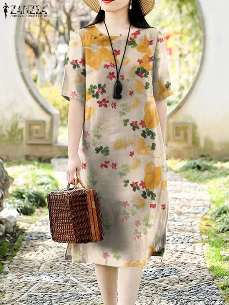 Evening wear Dresses: Vintage Short Sleeve Floral Dress Women