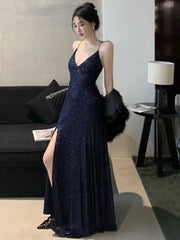 Evening wear Dresses: Women's Backless V-Neck Split Maxi Dress Slim Evening Gown