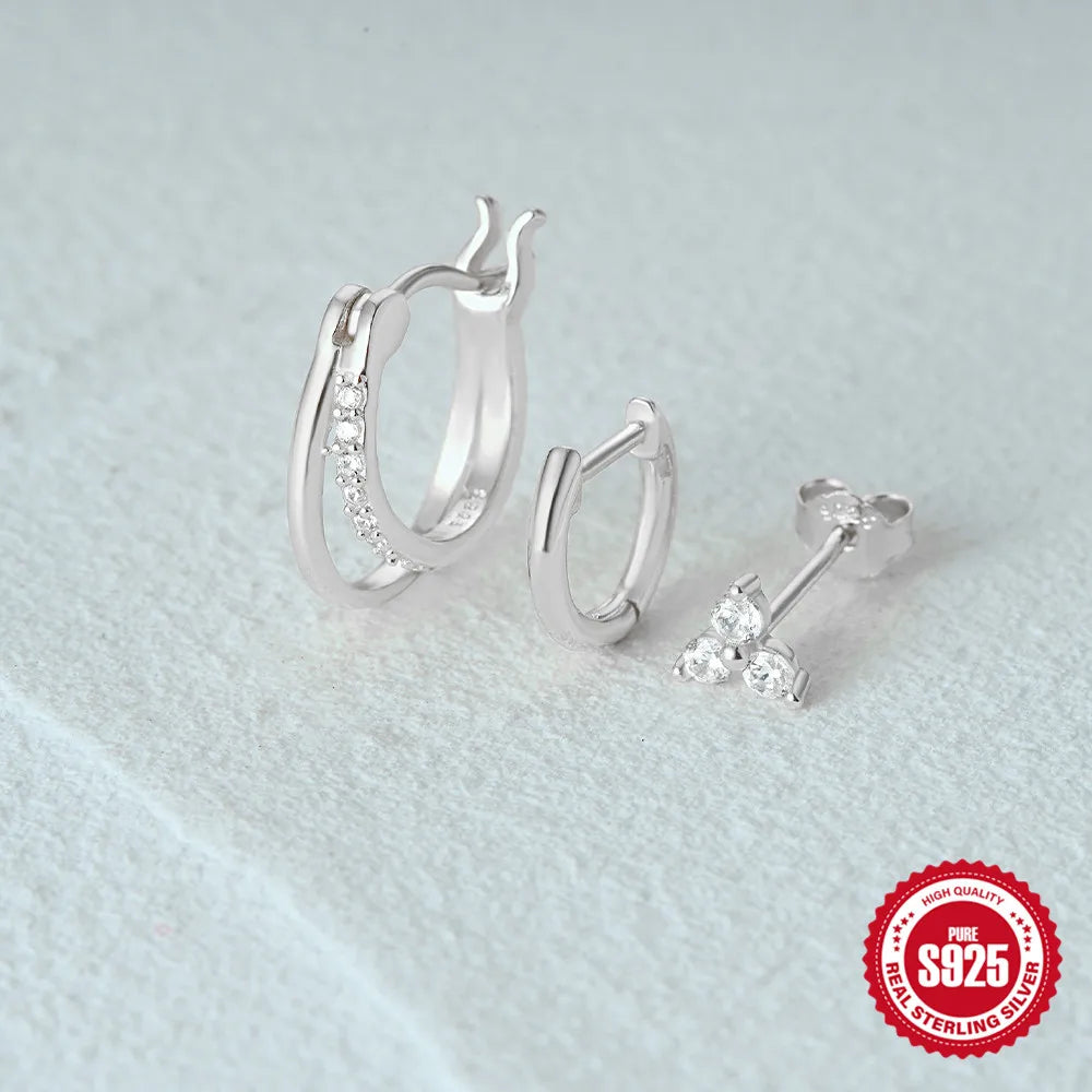 CANNER 925 Sterling Silver 3PCS Zircon Double Layer Hoop Earrings For Women Minimalism Ins Earrings Fine Jewelry Party Gift