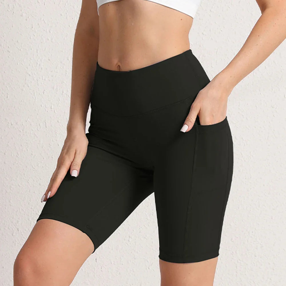 CHRLEISURE Women Yoga Shorts with 3 Pockets Seamless Gym Fitness Tights Elastic Cycling Shorts Female Solid Color Leggings