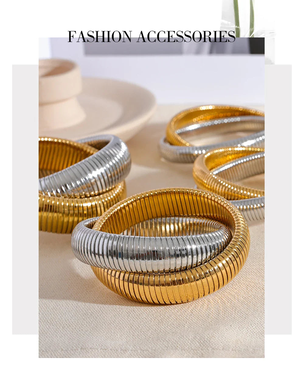 Yhpup Waterproof Stainless Steel Elastic Thick Metal Punk Bracelet Bangle 18K Gold Plated Fashion Women Trendy Jewelry Bijoux