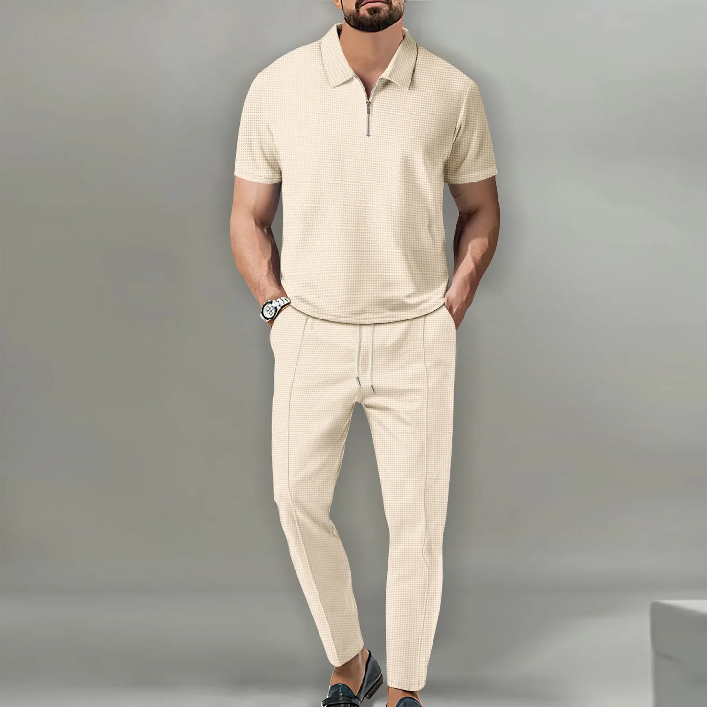 2024 New Trend Men's Sport Suit Autumn New Mens Suits Solid Color Waffle Lapel Short Sleeve Zipper Pants Set for Men