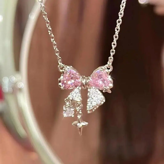 Bowknot Pink Zircon Cross Pendant Necklaces Fashion Temperament