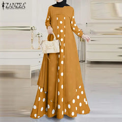 Elegant O-Neck Long Sleeve Muslim Sundress Women Polka Dots Printed Dress