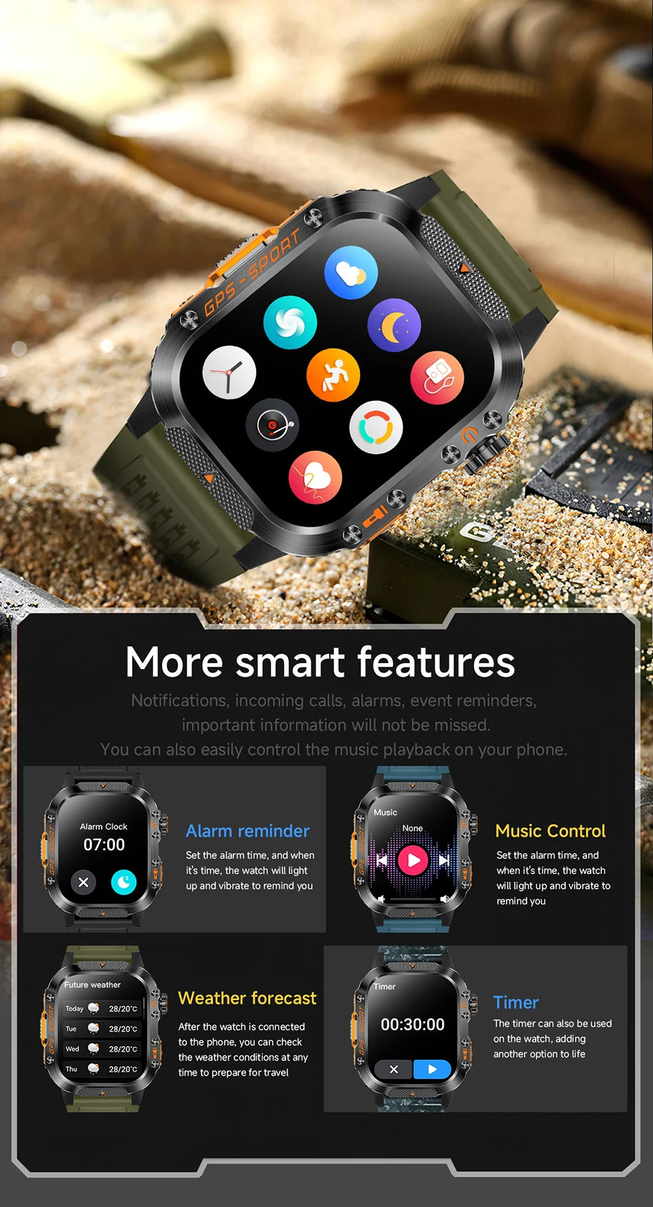 2025 New Military Outdoor Smart Watch Men's GPS Flashlight Bluetooth Call 2.01" AMOLED Screen 3ATM Waterproof Sports Smartwatch