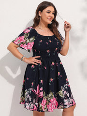 Finjani Allover Floral Print Shirred Midi Dress Plus Size Lantern Sleeve High Waist Dresses For Women 2023 Summer