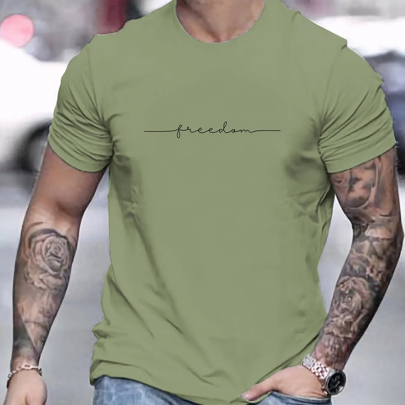 Men's Summer Loose Size 100% Cotton Freedom Graphi Print Casual Slim Fit Round Neck Short Sleeve T-shirt Top