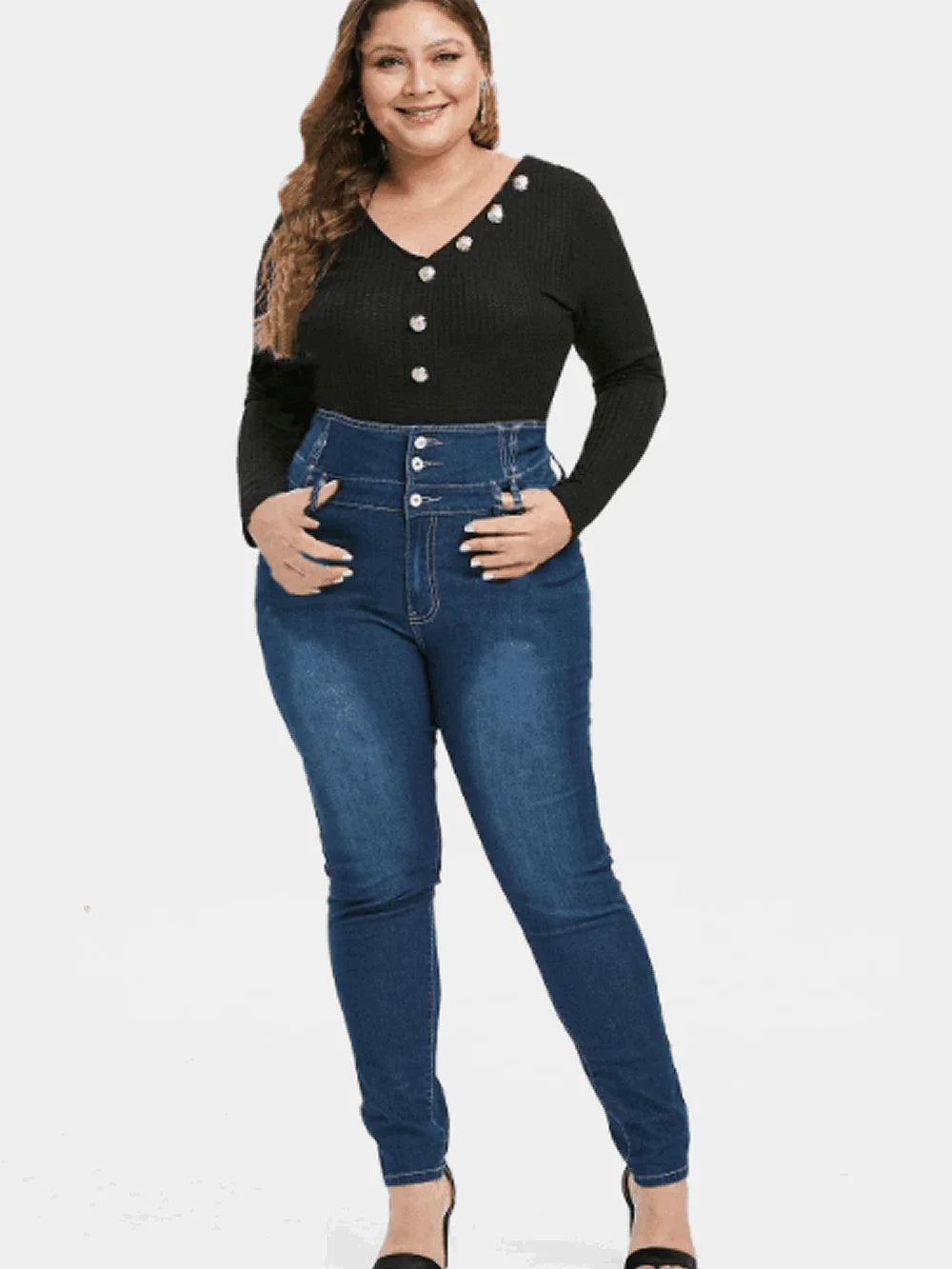 Plus Size Jeans For Women High Wasited Denim Pants  for Big Curve Style Button Front