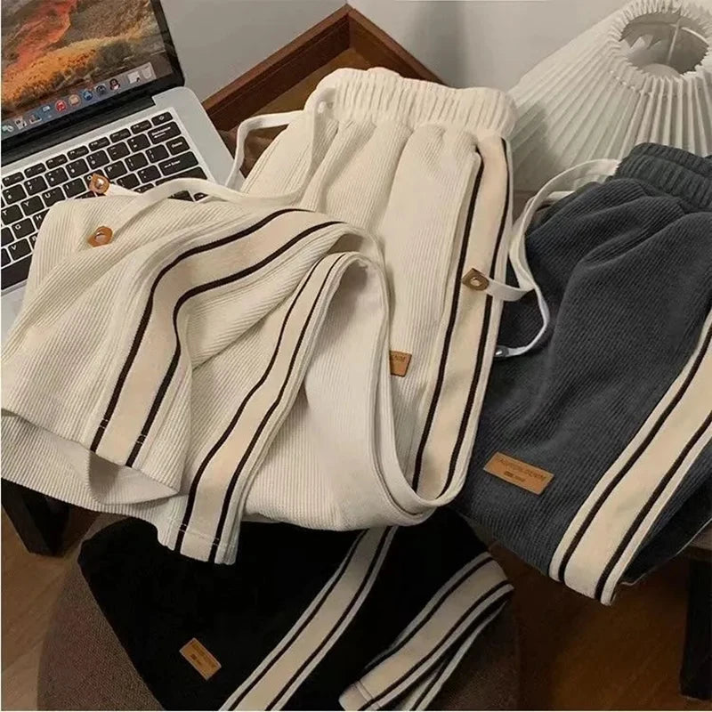 Fall Striped Corduroy Sweatpants Women Winter Thick High Waist Drawstring