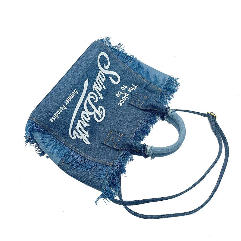 Bag for women's travel, solid color denim, small size, handmade tassel handbag