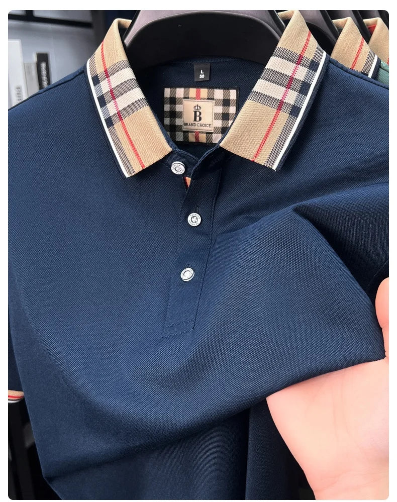 High end silky cotton breathable short sleeve polo shirt men's summer new trend plaid lapel designer brand casual golf T-shirt