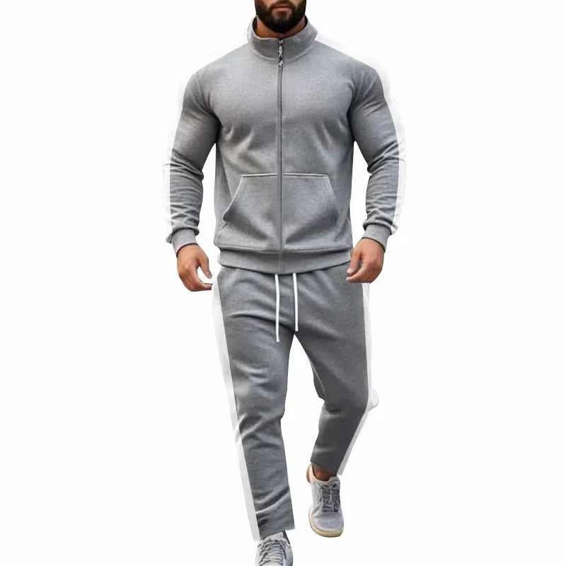 2025 Spring Autumn Men's 2-Piece Set Color Blocking Zipper Stand Collar Casual Sports Jacket Sweatshirt Trousers Suit