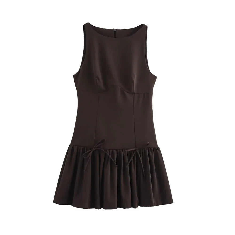 Women's Ruffled Mini Dress with Bows, O Neck, Sleeveless, Back Zipper, Female Dresses, Chic Fashion