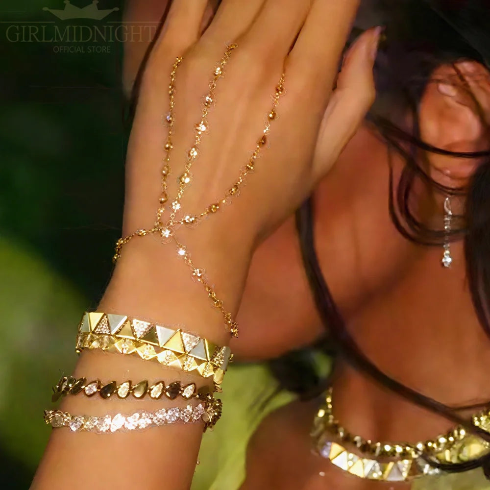 2025 New Micro Pave Clear CZ Tassel Hand Chain Bracelet Gold Color With Round CZ Station Double Chain Fashion Women Jewelry