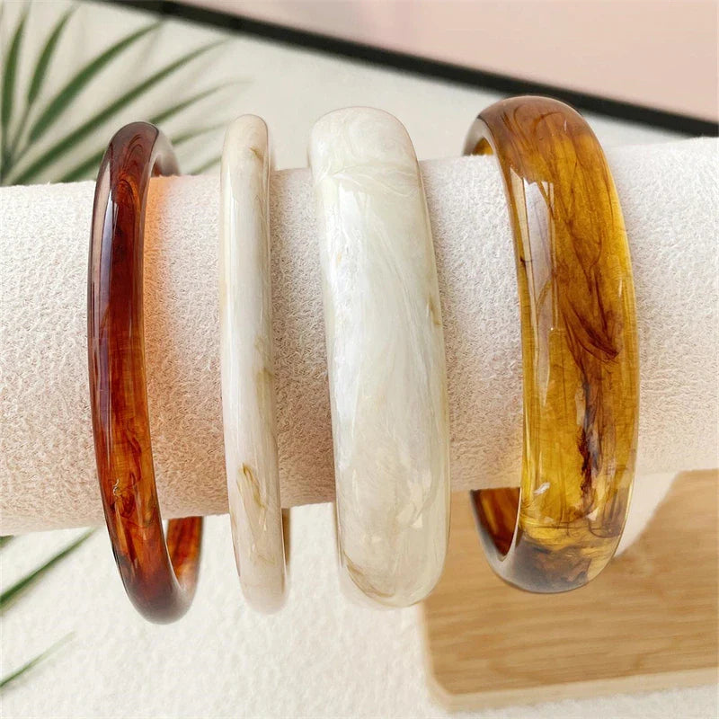 UJBOX 4-Piece Brown & Cream Marble Acrylic Resin Bracelet Bangle Set Stackable Jewelry Lightweight & Eco-Friendly Bulk Discount