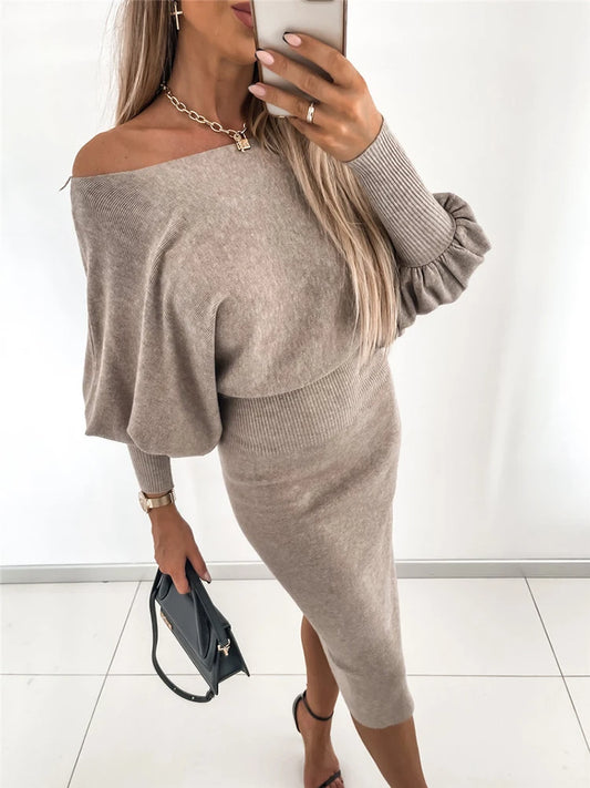 Evening wear Dresses: Women Knitted Party Midi Dress Solid Office Lady Pullover