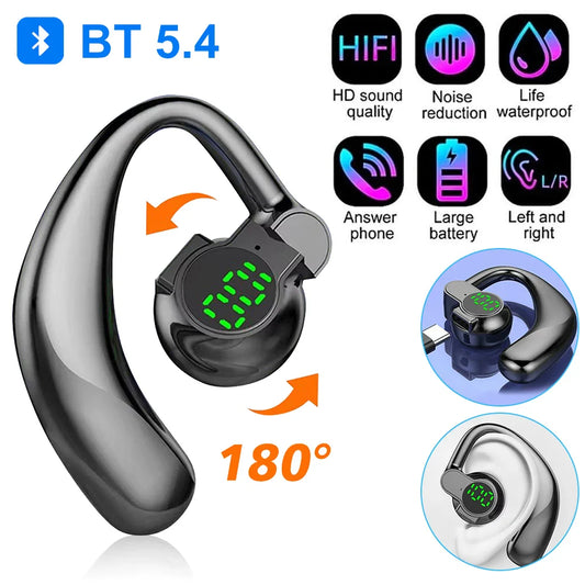 180°Wireless Headphone Bluetooth 5.4 Handsfree Noise Canceling Rotatable Sport Digital Display Earphones Single Ear Earhook