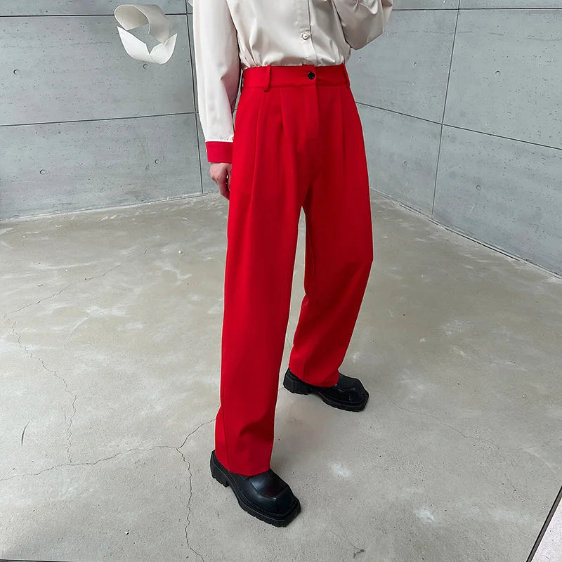Red Suit Pants Men Fashion Social Mens Dress Pants Korean Loose Straight Wide Leg