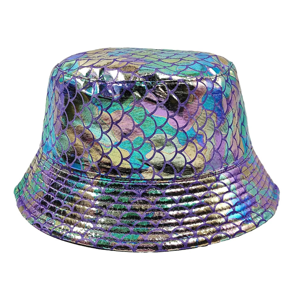 Colorful Shiny Leather Two Sided Fisherman Hat Women's and Men's Hip Hop Summer Sunshade Hat Foldable Bucket Hat